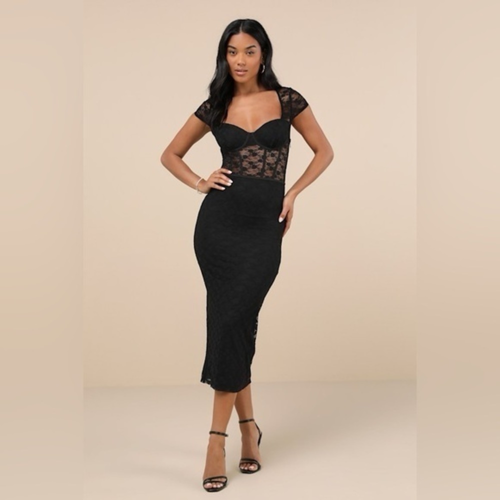 LULU’S FLIRTATIOUS PRESENCE SHEER LACE BUSTIER MIDI DRESS